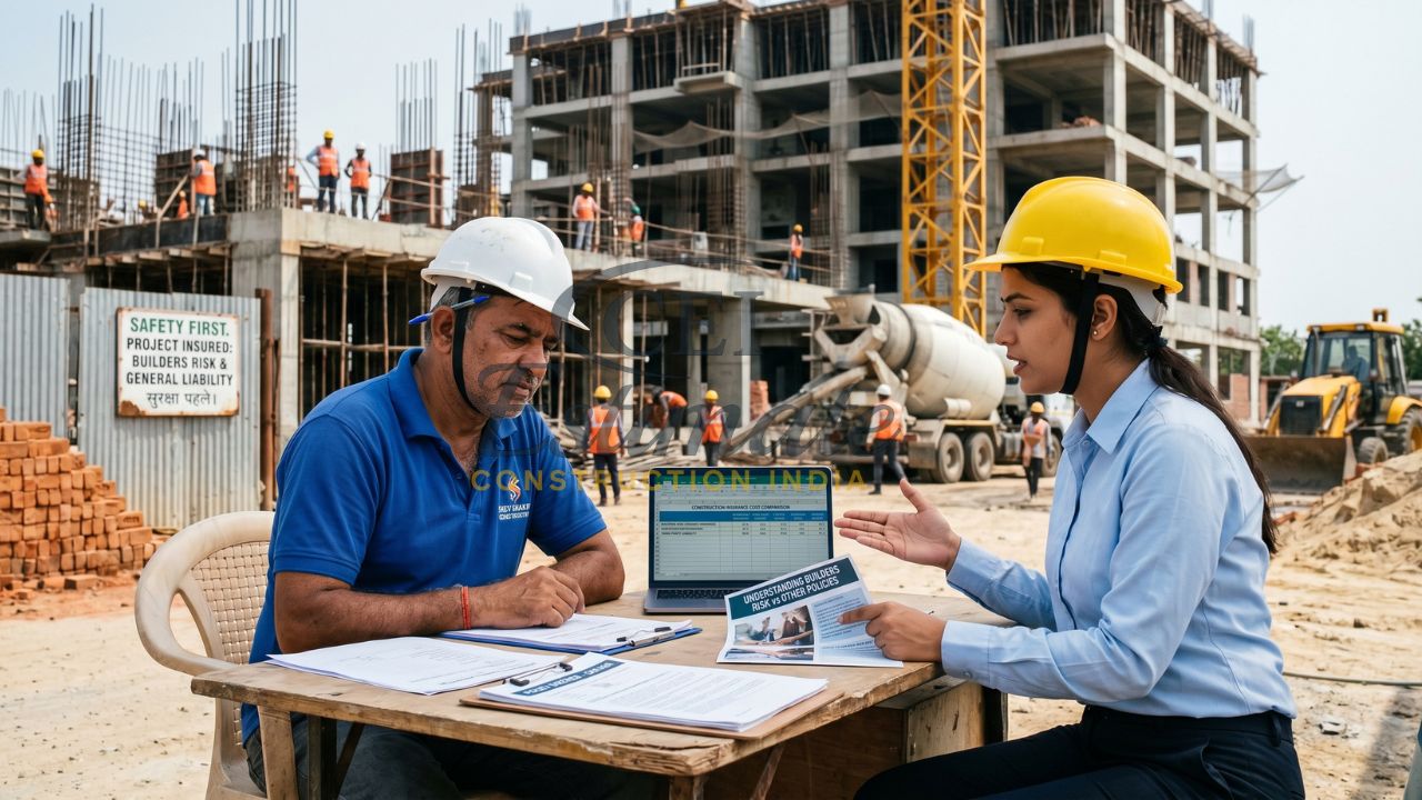 builders risk insurance consultation construction site India contractor discussing insurance policy cost