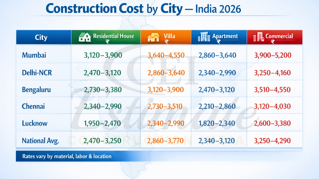 India 2026 building construction cost per sq ft city-wise rates map