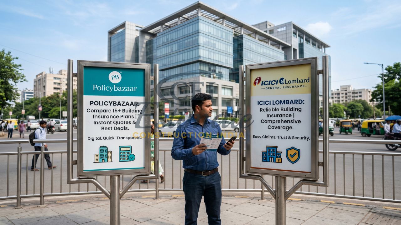 Man comparing Policybazaar and ICICI Lombard building insurance options displayed on outdoor boards in India
