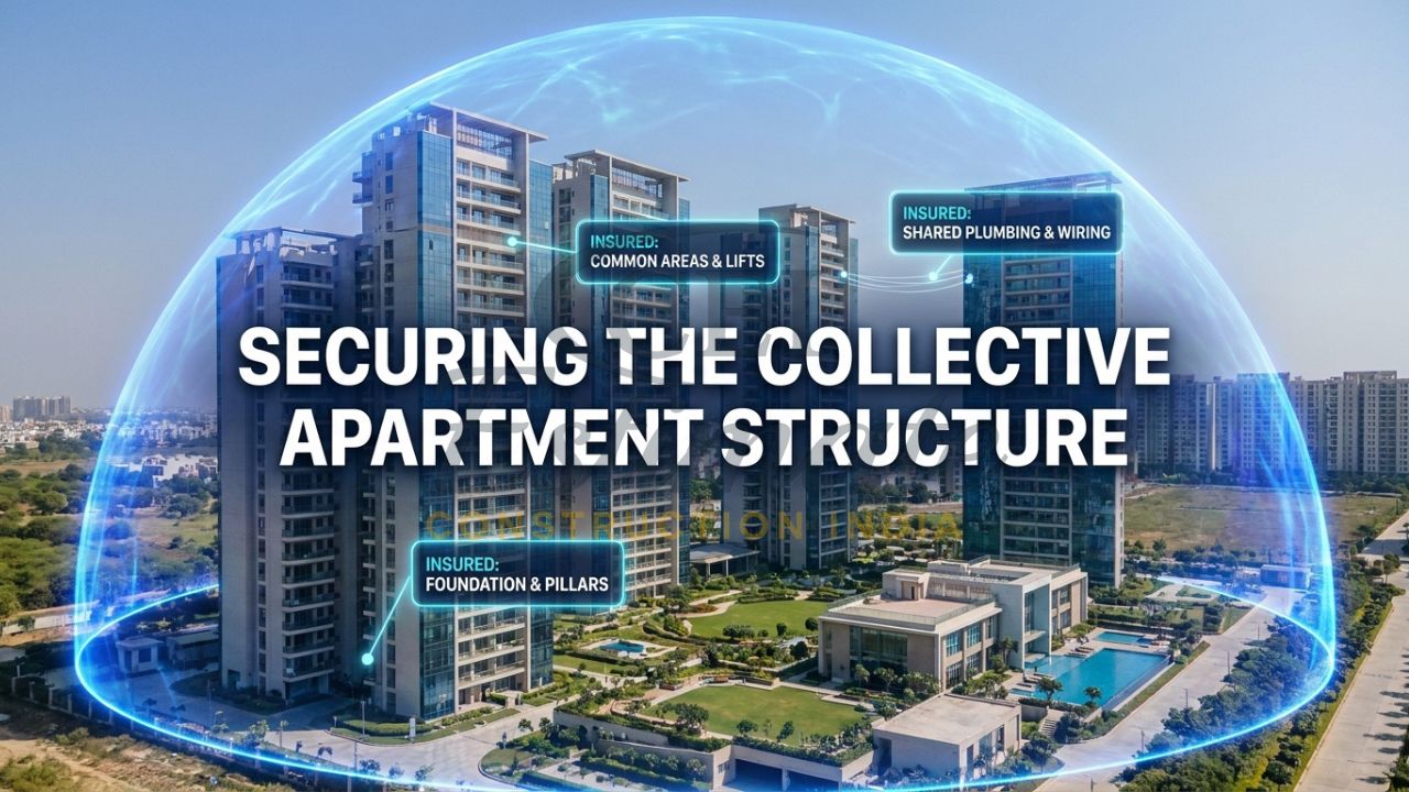 A professional drone shot of a luxury high-rise apartment complex in Noida protected by a translucent blue insurance shield in 2026.