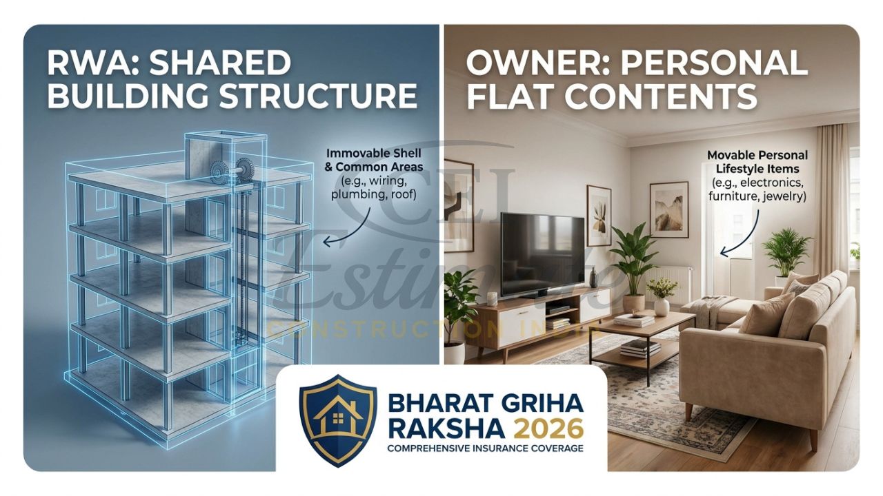 A split-screen comparison showing an apartment building's structural framework (Structure) and a furnished interior flat (Contents) with 2026 insurance labels.