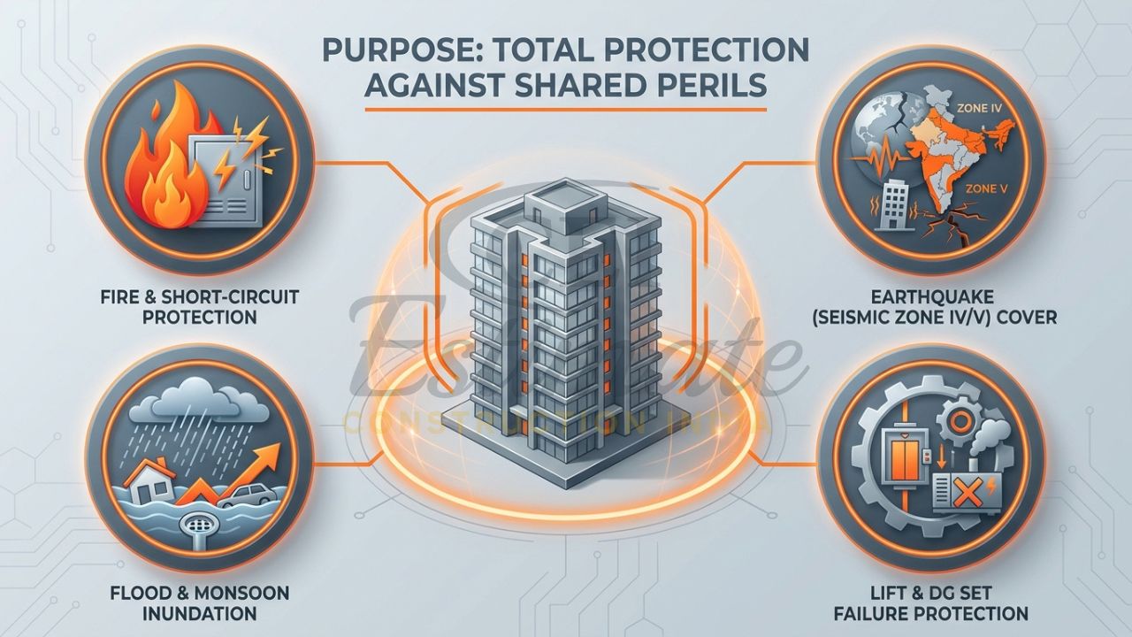 An infographic showing an apartment tower in the NCR region shielded from icons of fire, monsoons, and seismic tremors.