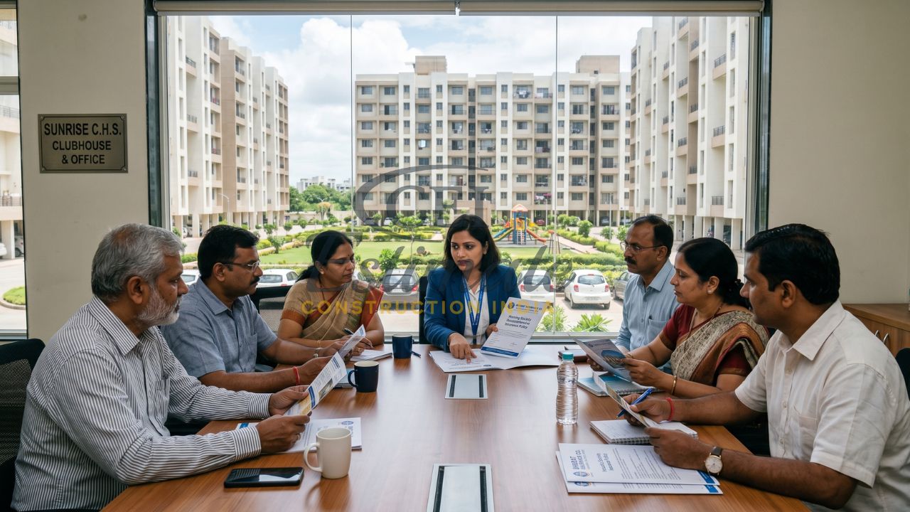 housing society committee meeting discussing building insurance policy India apartment residents RWA