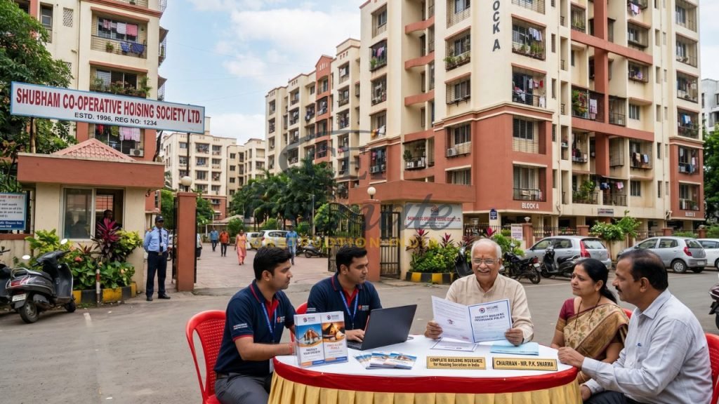 housing society insurance India residents discussing building insurance policy with advisor apartment complex