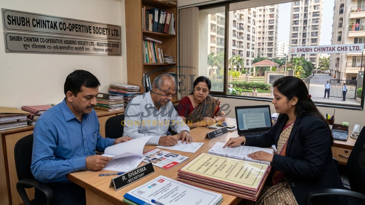 Housing society members discussing building insurance documents with agent in India cooperative society office