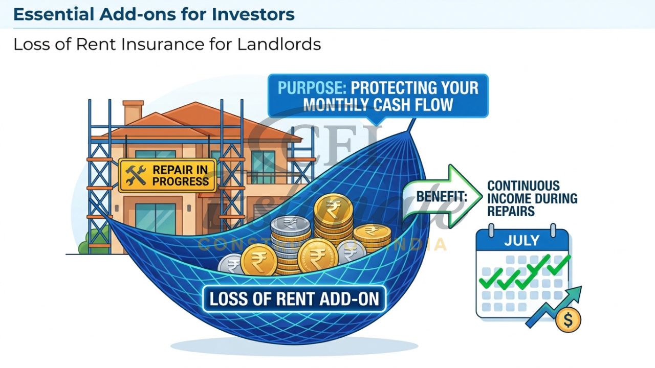 An infographic showing a rental property under repair with a safety net of coins representing the "Loss of Rent" insurance benefit for Indian landlords.