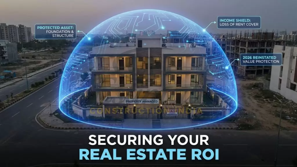 A professional visualization of a rental apartment complex in Noida protected by a translucent blue insurance shield, ensuring ROI security for the investor.