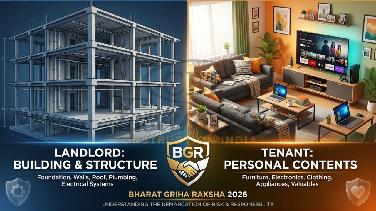 A split-screen comparison showing the building's physical shell (Landlord's responsibility) and the furnished interior (Tenant's responsibility) with 2026 insurance labels.