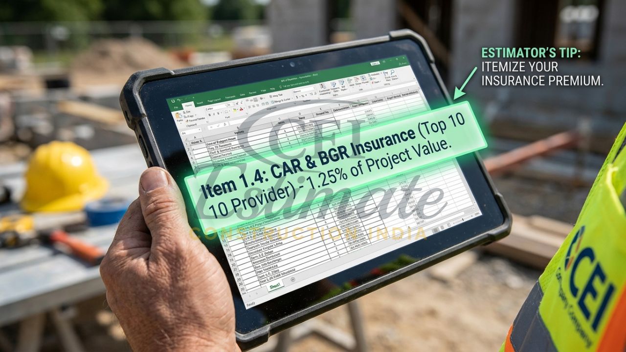 A close-up of a construction estimator’s hand holding a tablet on-site, showing a Bill of Quantities spreadsheet with a highlighted insurance line item.