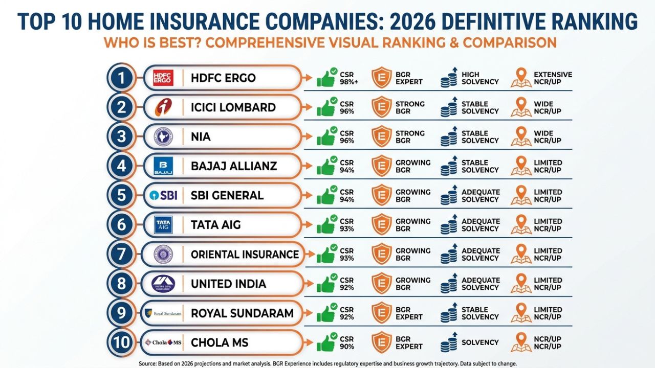 An infographic comparing the top 10 home insurance companies in India for 2026 based on claim settlement and BGR expertise.