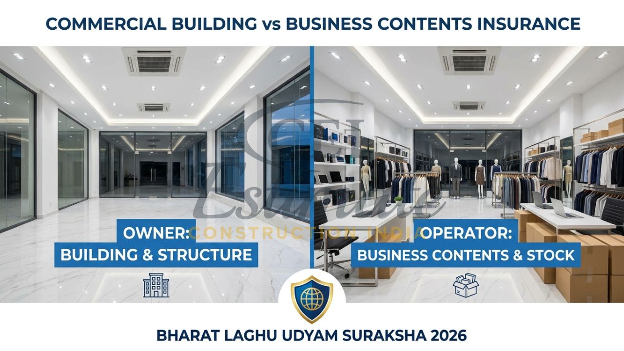 A split-screen comparison showing a commercial building shell (Structure) and the office machinery and stock (Contents) with 2026 insurance labels.