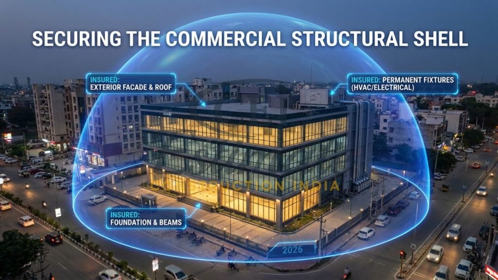 A professional visualization of a modern glass-facade commercial complex in Meerut protected by a translucent blue insurance shield in 2026.