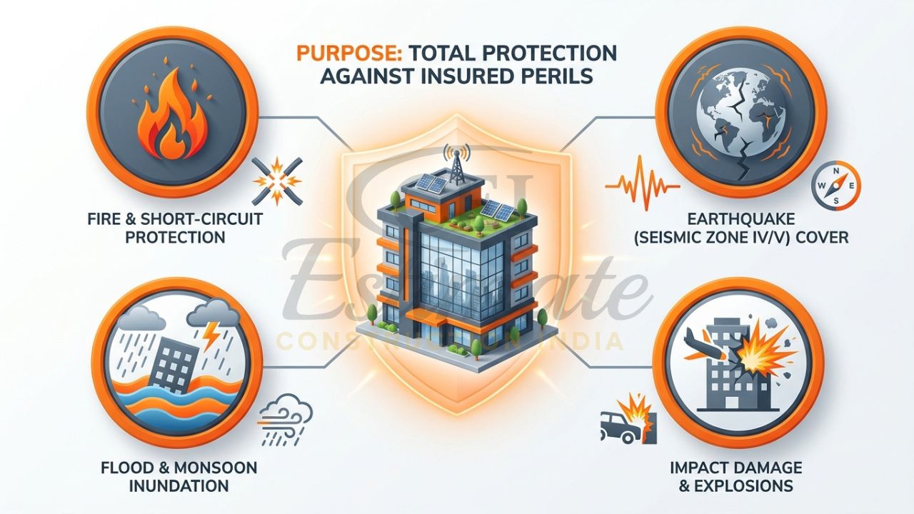 An infographic showing a commercial office block in Noida shielded from icons of fire, floods, and seismic tremors