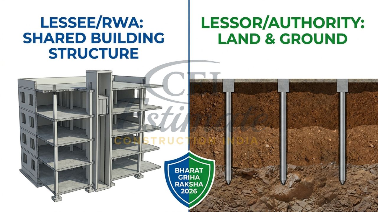 A split-screen comparison showing an apartment building shell (Structure) and the development authority land (Land) with 2026 insurance labels.