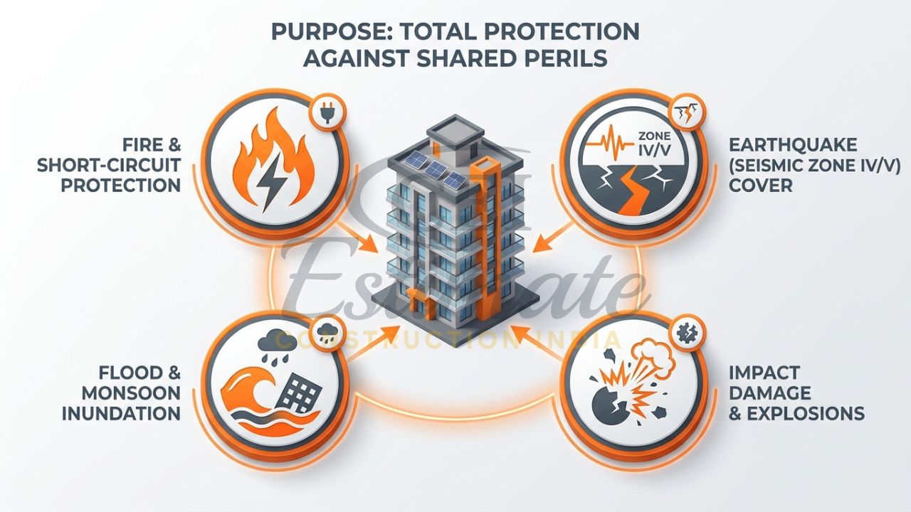 An infographic showing an apartment tower in Meerut shielded from icons of fire, floods, and seismic tremors.