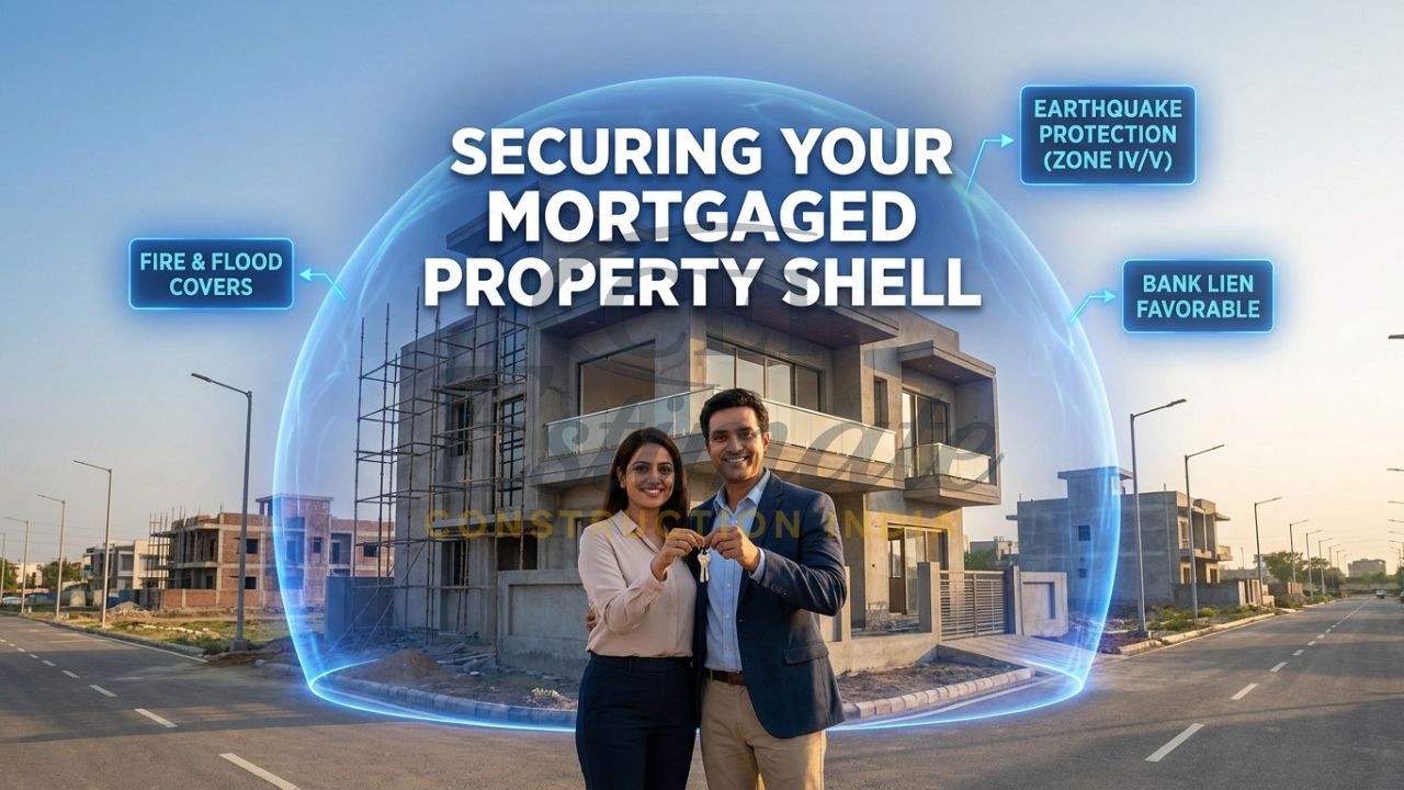 A professional visual showing an Indian home loan borrower in Meerut protected by a glowing blue insurance shield over their new property.