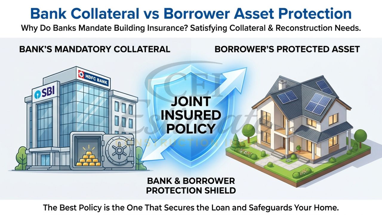 A conceptual infographic showing a bank building and a borrower's house connected by an insurance policy shield labeled "Joint Insured".