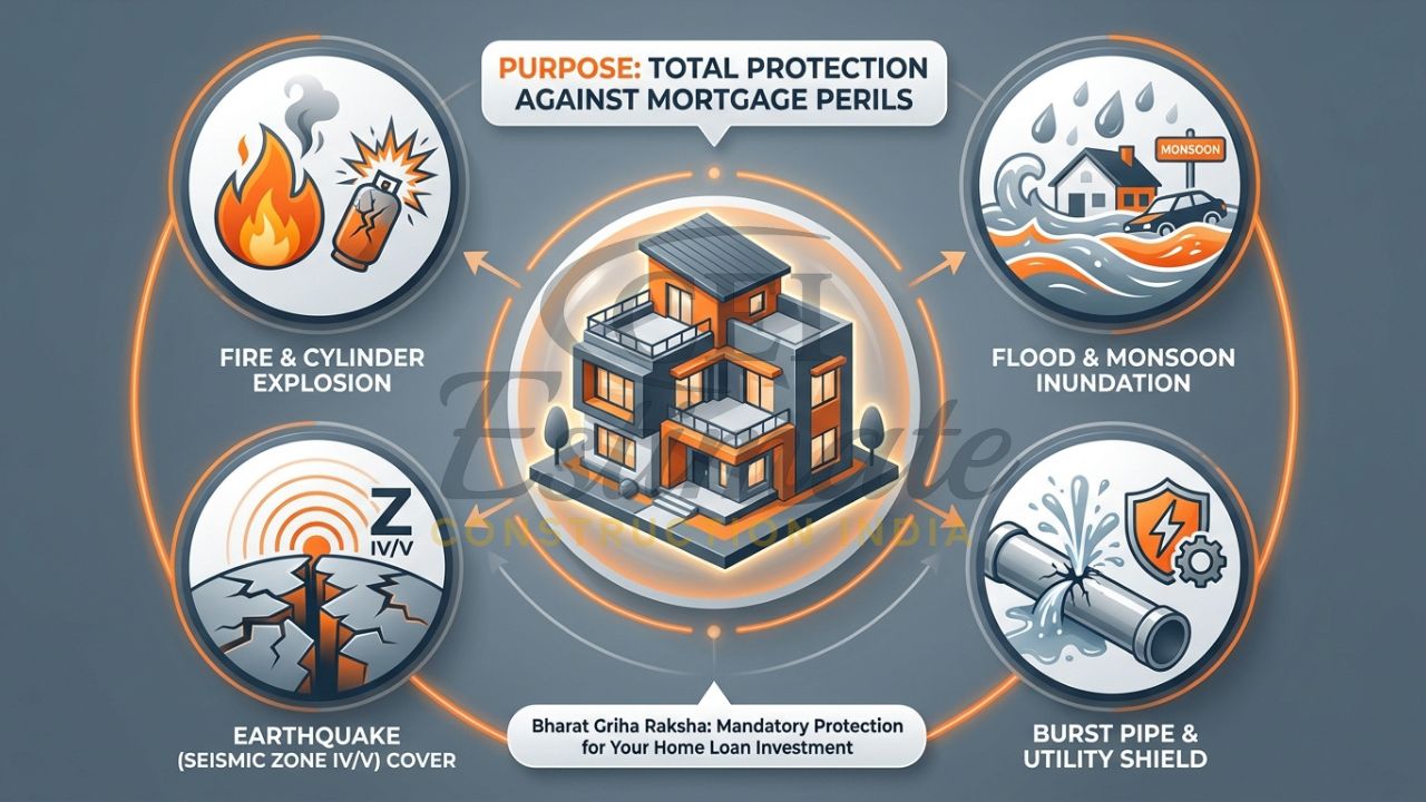 An infographic showing an Indian house in the NCR region shielded from icons of fire, floods, and seismic tremors under the BGR framework.