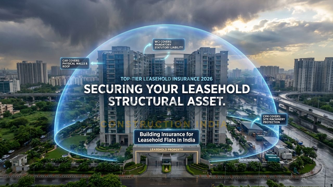 A photorealistic visualization of a premium high-rise apartment complex in Noida Sector 150 protected by a translucent blue shield labeled "TOP-TIER LEASEHOLD INSURANCE 2026."