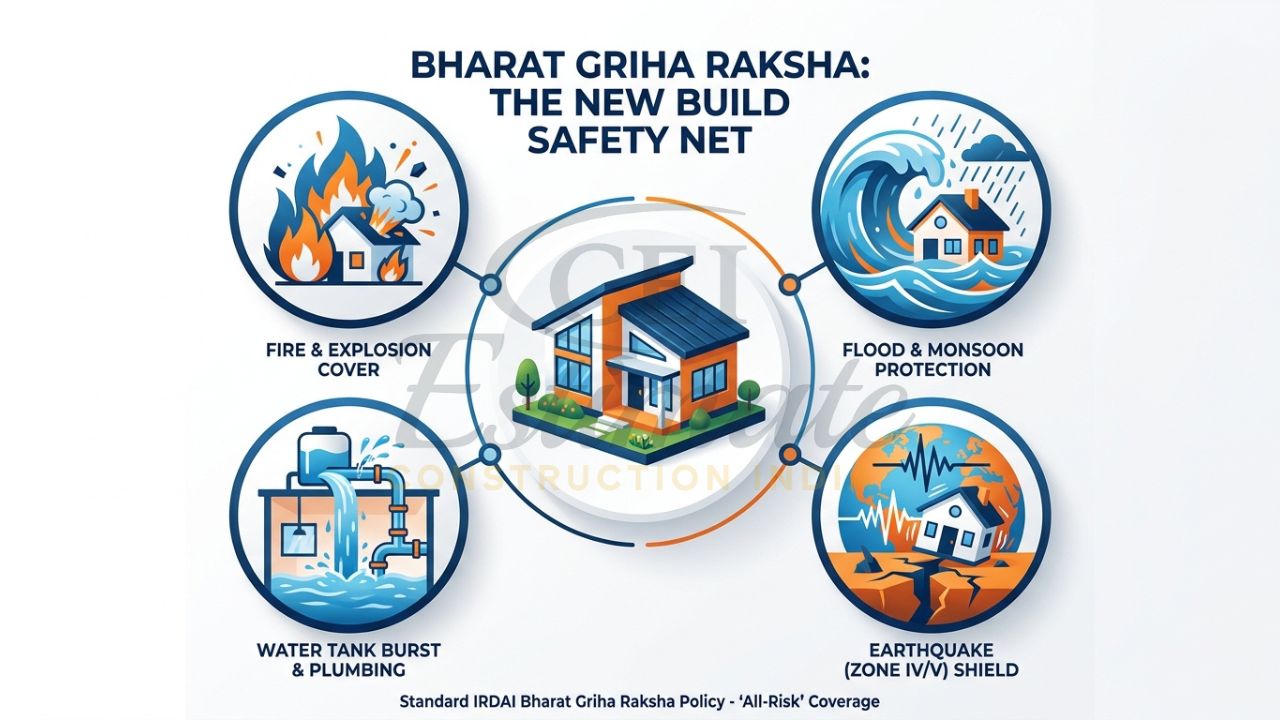 An infographic showing a new Indian home shielded from icons of fire, flood, and earthquake.