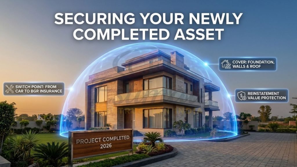 A beautiful new three-story villa in Meerut with a "Completed" sign, protected by a glowing blue insurance shield.