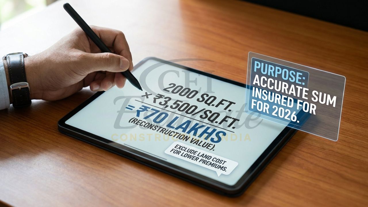 A close-up of a contractor's hand on a tablet showing a 2026 reconstruction cost calculation for a new build.