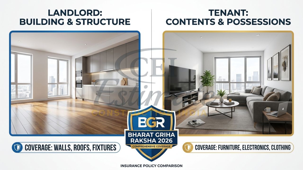 A split-screen comparison showing the building structure (Landlord's responsibility) and home contents (Tenant's responsibility) with 2026 insurance labels.