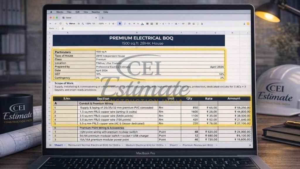 Electrical BOQ template India for house wiring with material quantity, rate, and cost estimation