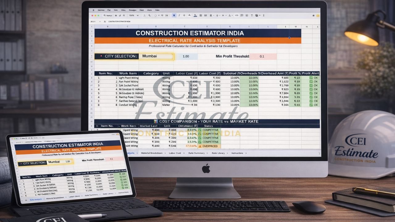 Electrical rate analysis template India with labor cost, overhead, profit margin, and cost comparison