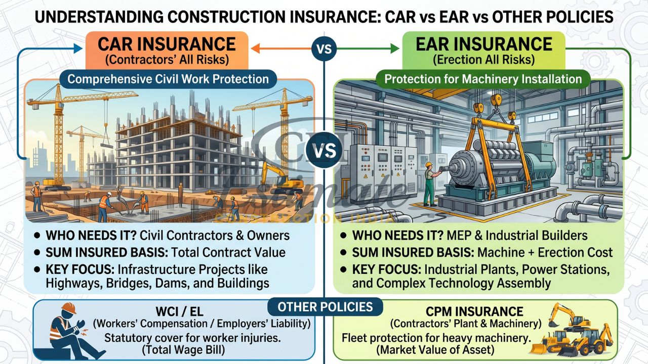 CAR vs EAR insurance comparison in India showing construction and machinery installation coverage differences
