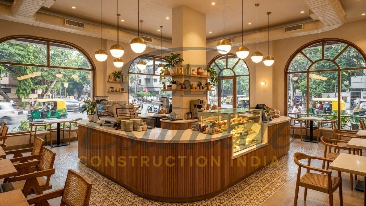 Stunning cafe counter design in India with customers taking photos and ordering coffee.