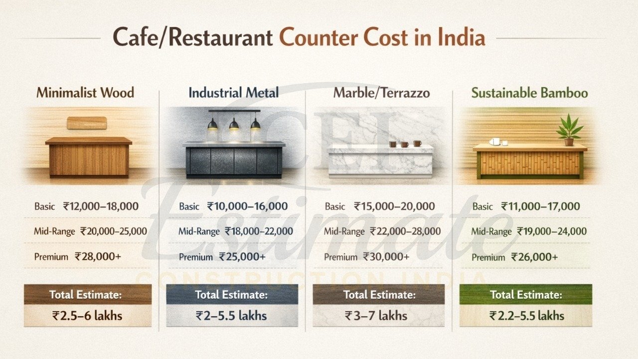 Infographic of restaurant counter materials and total cost estimates in India