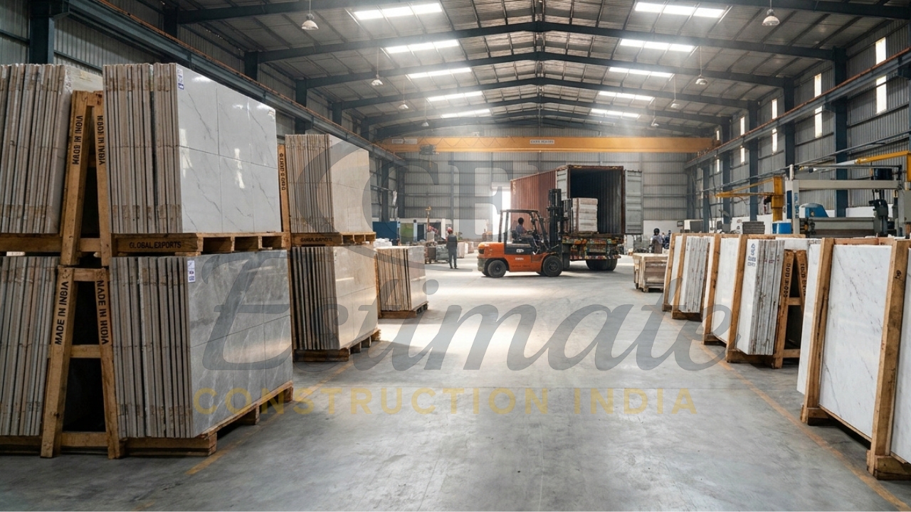 Warehouse storing ceramic and porcelain tiles in wooden crates with forklift loading materials for export.