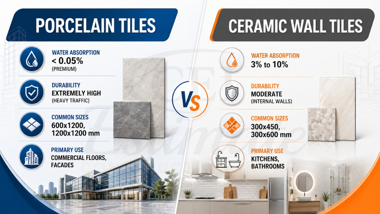 Porcelain tiles vs ceramic wall tiles comparison showing water absorption, durability, sizes, and primary applications.