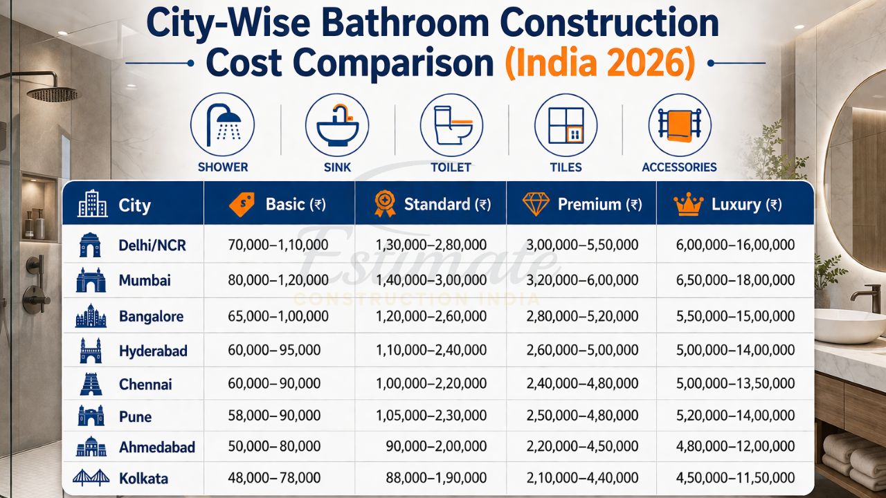 city wise bathroom construction cost india comparison delhi mumbai bangalore hyderabad pricing basic standard premium luxury
