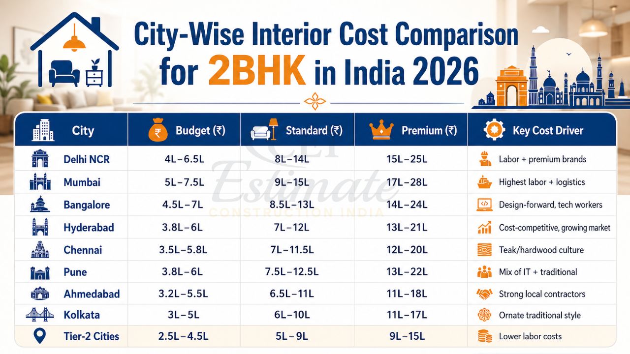 city wise 2bhk interior cost comparison india budget standard premium pricing