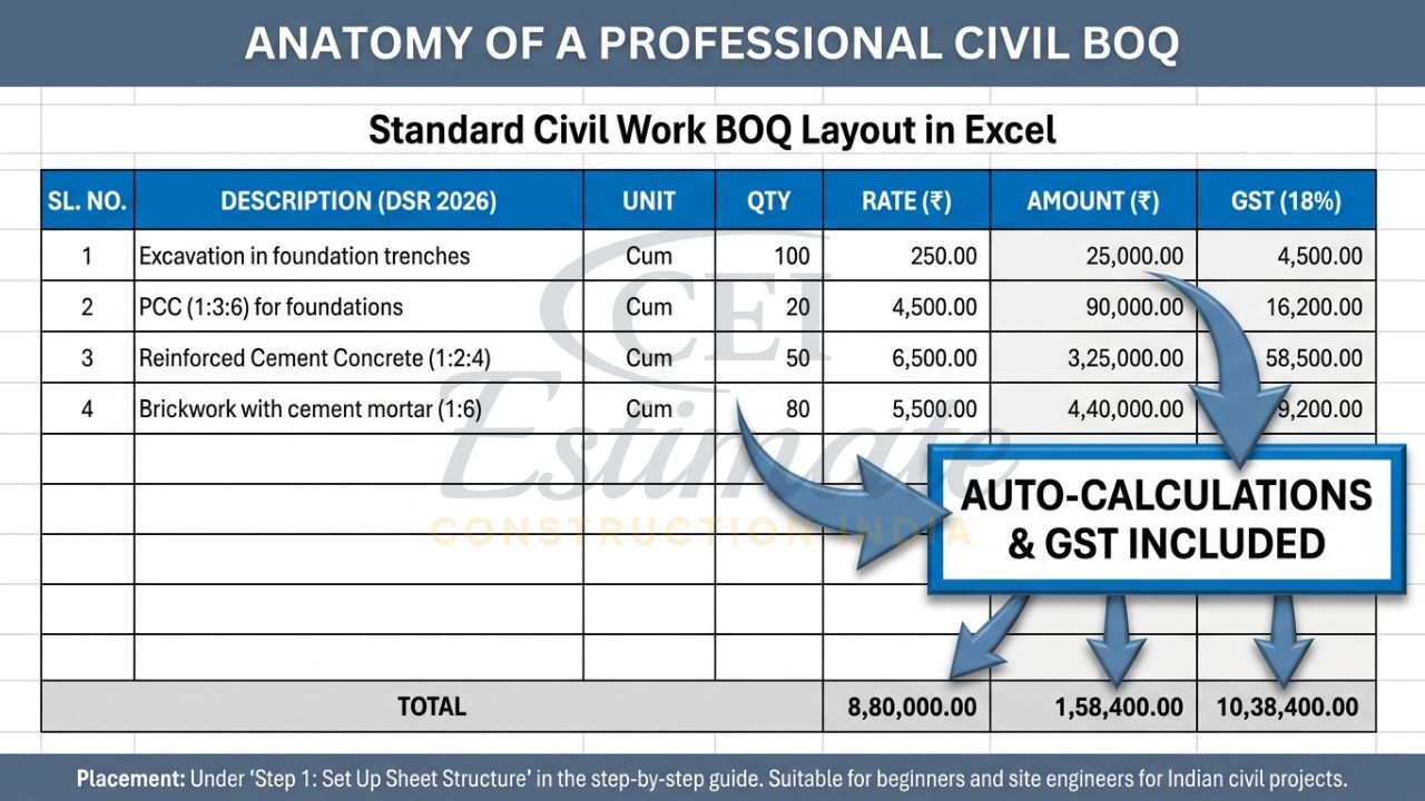 An instructional infographic showing the standard column headers for an Indian civil work BOQ in Excel, including DSR rate columns and GST.