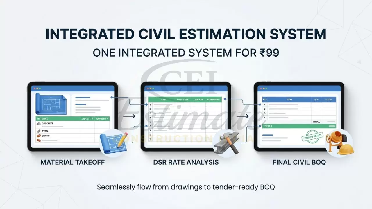 An infographic showing three interconnected tablet screens: Material Takeoff, Rate Analysis, and the Final Civil BOQ.