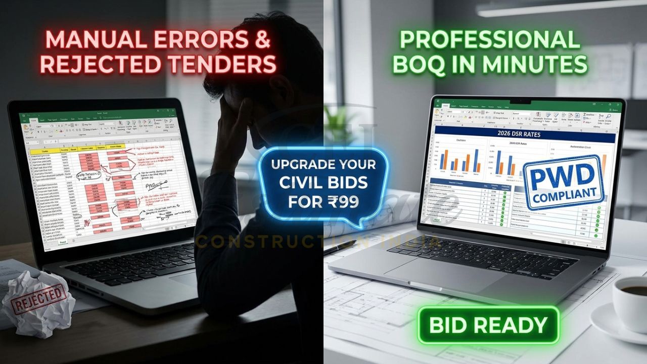 A split-screen comparison showing a messy manual civil work calculation versus a clean, automated professional BOQ dashboard with 2026 DSR rates.