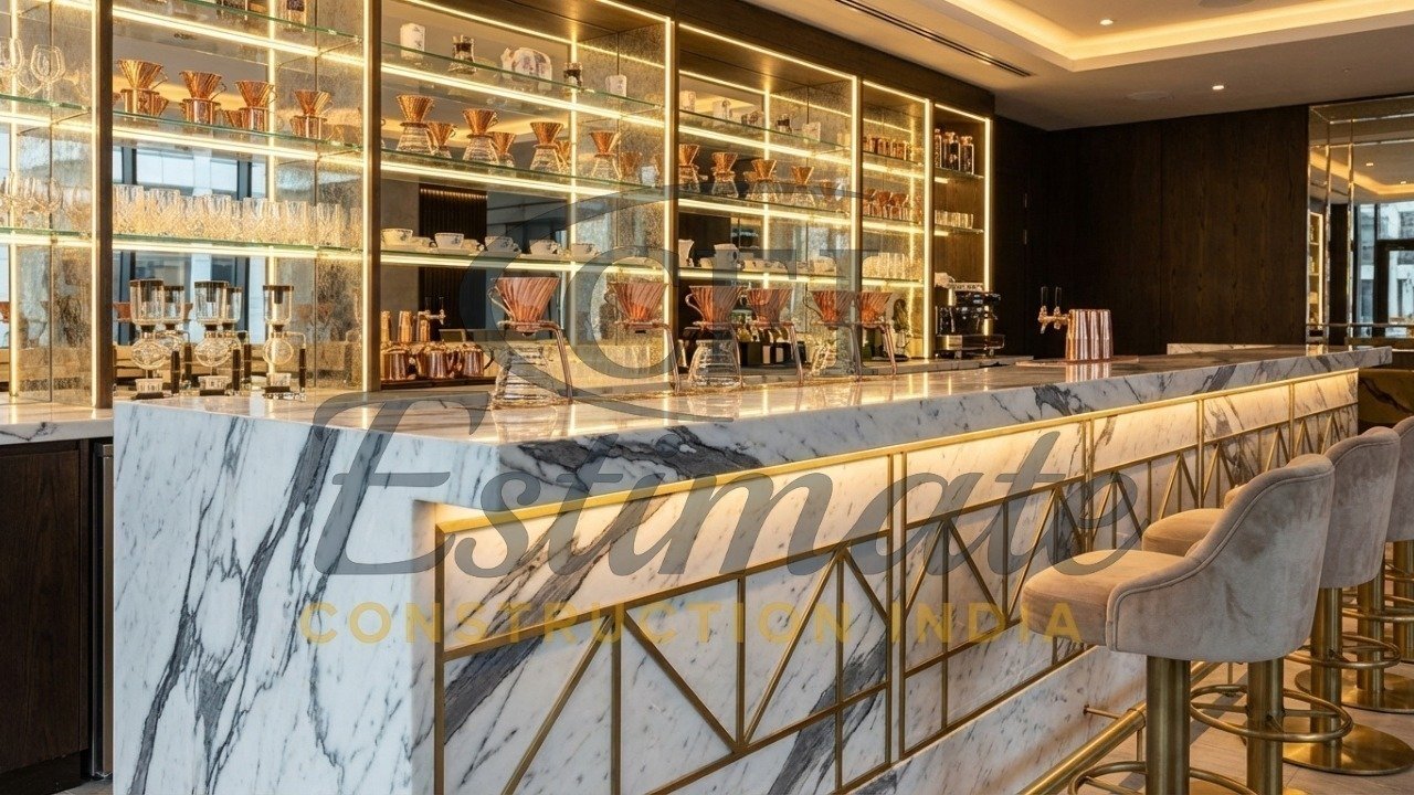 Luxury marble coffee shop counter brass accents India 2026
