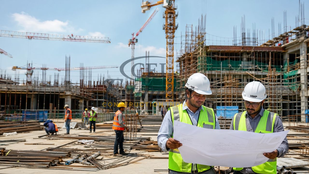 engineers reviewing construction plans at commercial building site insurance India project risk management