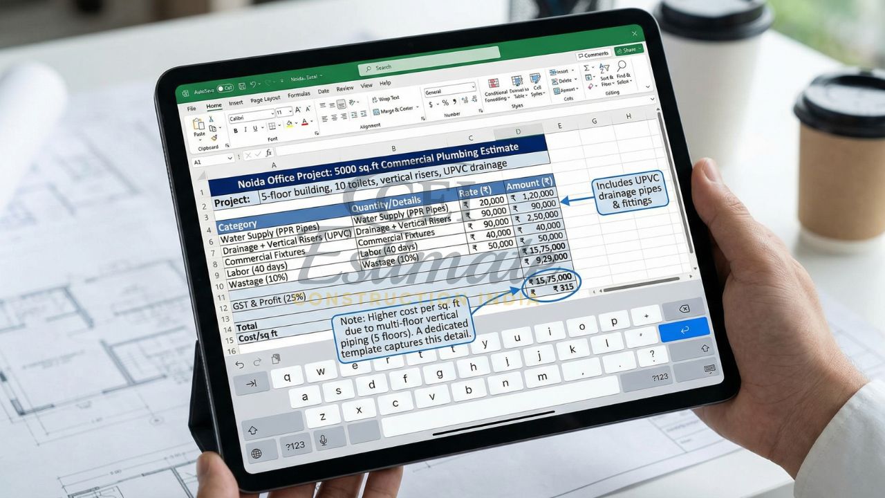Commercial plumbing estimate spreadsheet for 5000 sq ft office building showing PPR pipes, UPVC drainage, labor cost, GST, and total cost per square foot