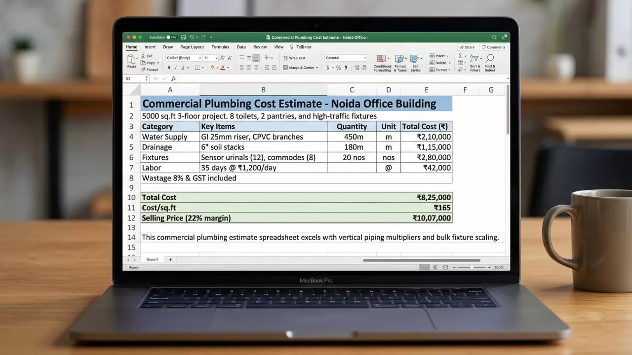 Commercial plumbing cost estimate spreadsheet for office building showing water supply, drainage, fixtures, labor cost, and total project estimate in Excel