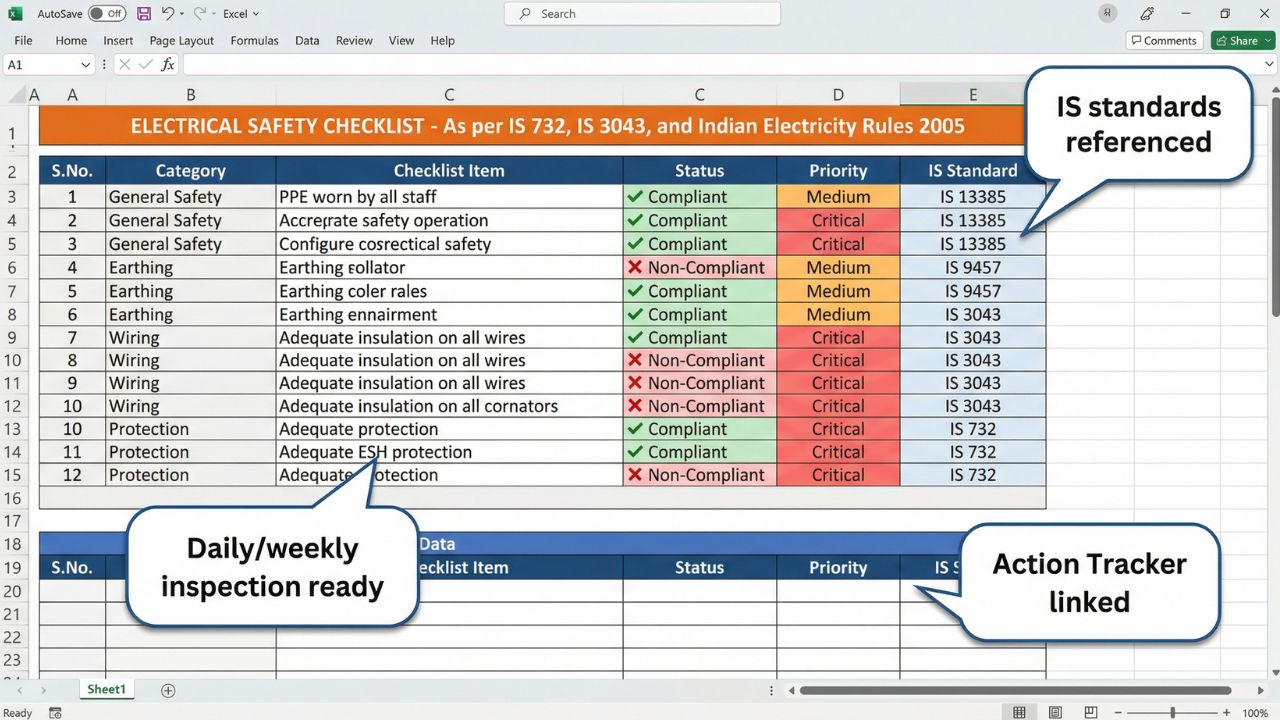 Electrical safety checklist Excel template India with IS standards, compliance status, inspection tracking, and action tracker