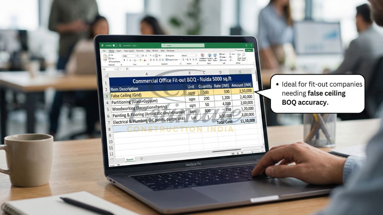 Commercial office fit-out BOQ spreadsheet showing false ceiling, partitioning, woodwork, painting, electrical and plumbing costs for 5000 sq ft project**