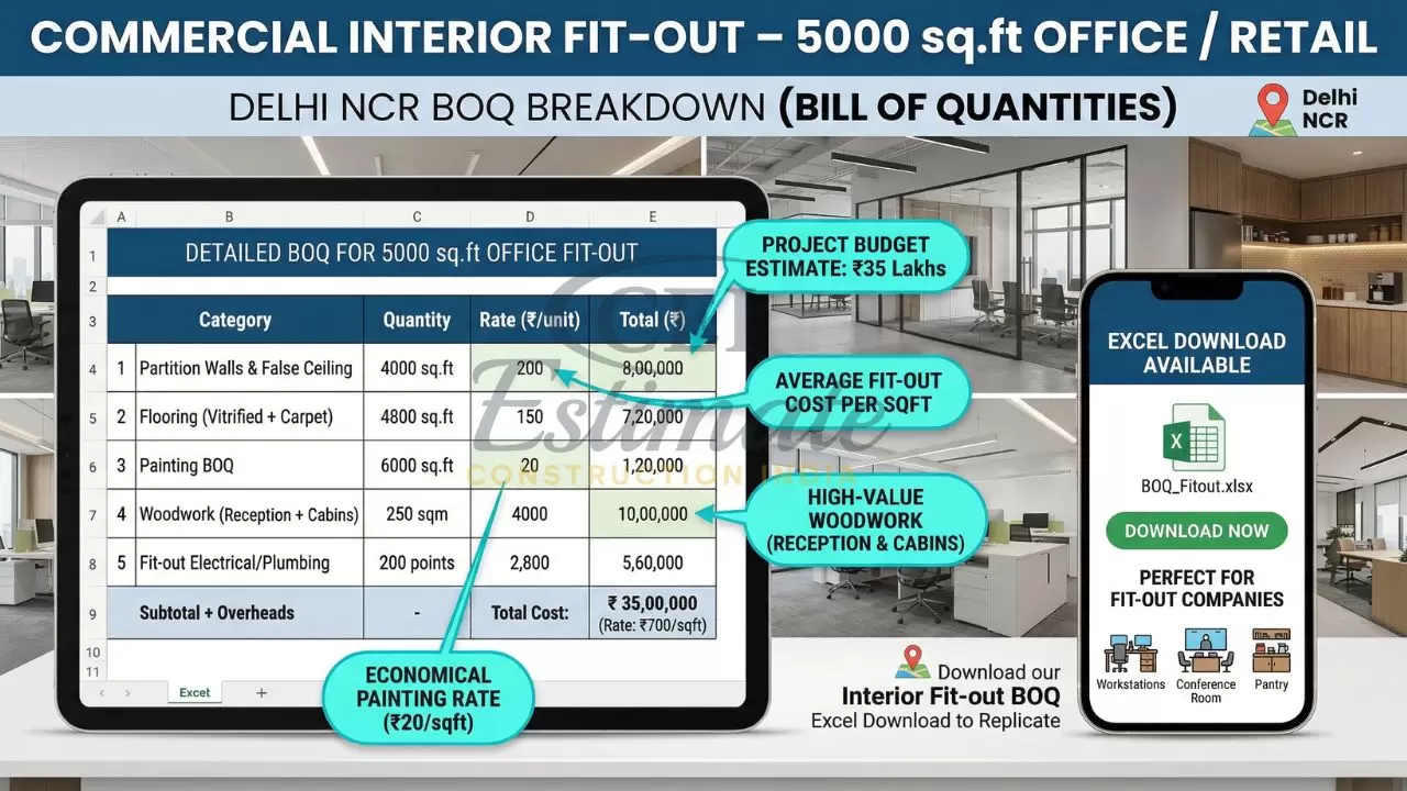 Commercial interior fit-out BOQ for 5000 sq ft office showing partition, flooring, painting, woodwork, electrical plumbing and total cost ₹35 lakhs