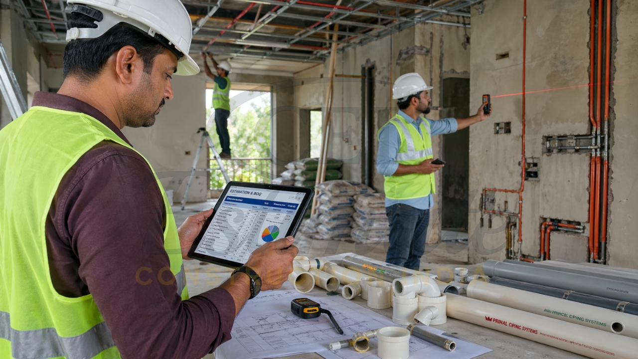 Engineers using tablet and laser tool for plumbing and interior estimation on construction site.