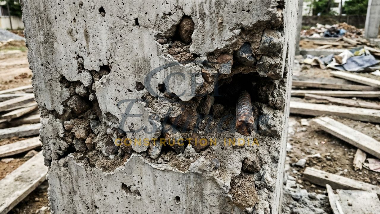 Severe honeycombing on a concrete column due to poor vibration and compaction.