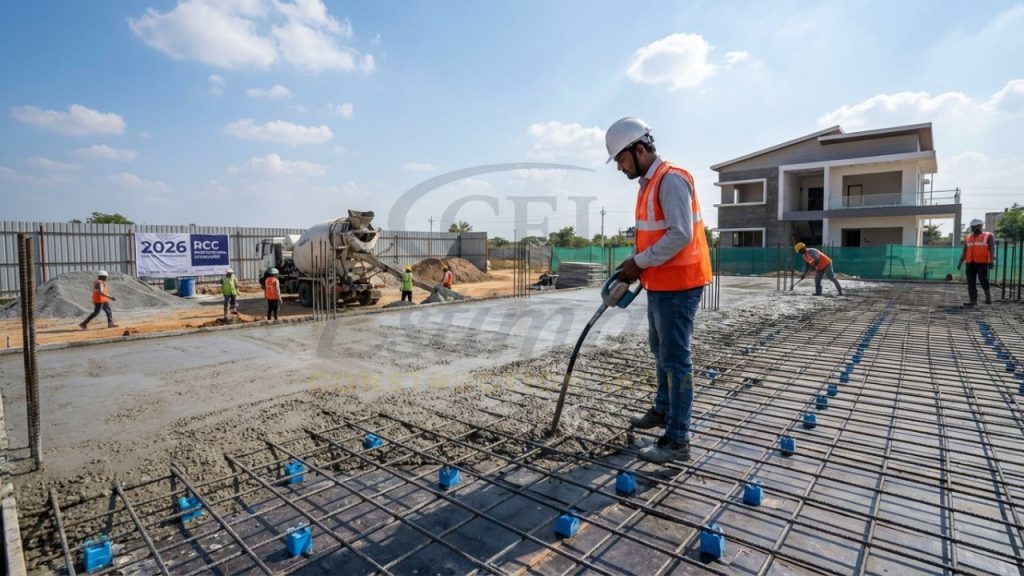 Professional RCC slab casting in India 2026 showing proper vibration and cover blocks.