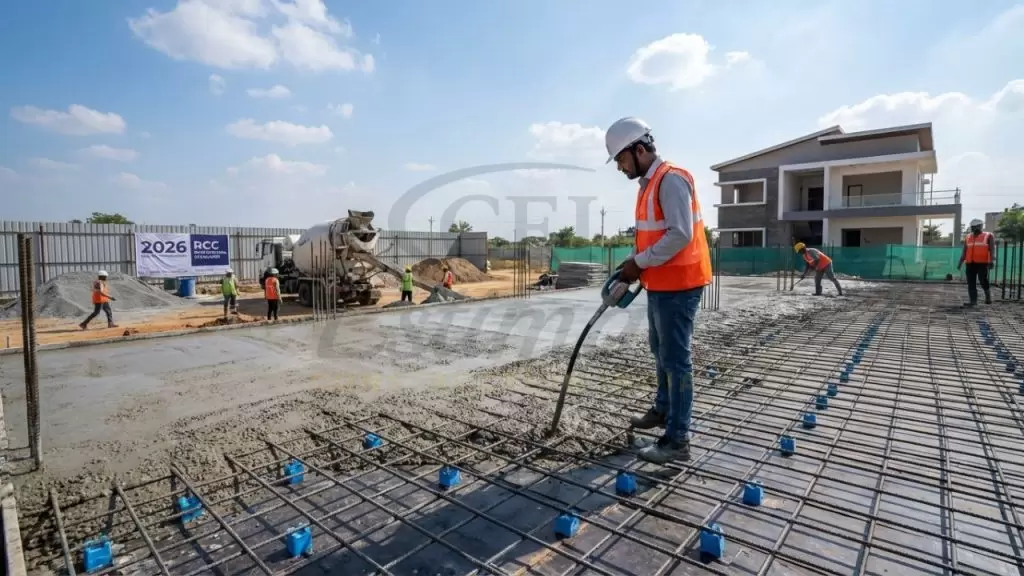 Professional RCC slab casting in India 2026 showing proper vibration and cover blocks.